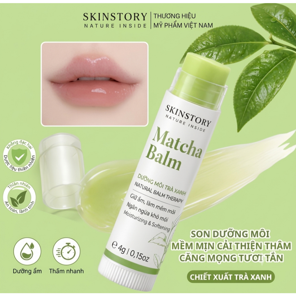 Son dưỡng hồng môi, mềm mịn, giảm nứt nẻ, hỗ trợ giảm thâm Matcha Balm 4g, Skinstory Việt Nam