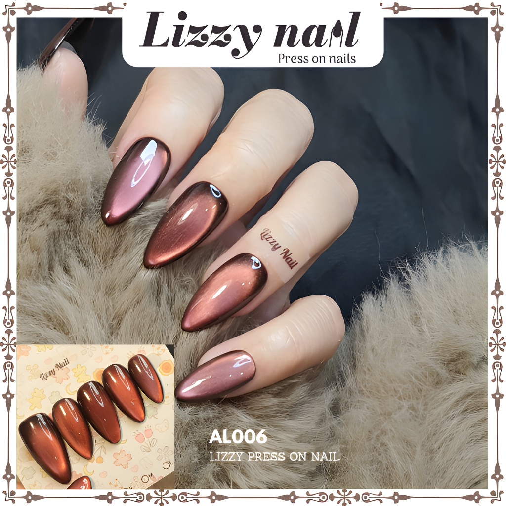 Lizzy Nail AL006 – Nailbox Móng Úp Mắt Mèo Đỏ Rượu Vang – Set 10 Móng Giả Wine Red Cat Eye Press On 