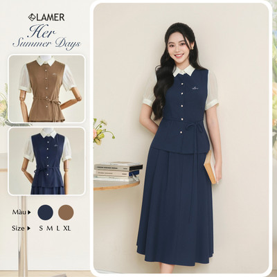Áo Kiểu Nữ Sơ Mi LAMER FASHION Ngắn Tay Nơ Eo Phối Tay Phối Chân Váy Công Sở Xoè Chun Sau HSD O61H26H010 O62L26Q006