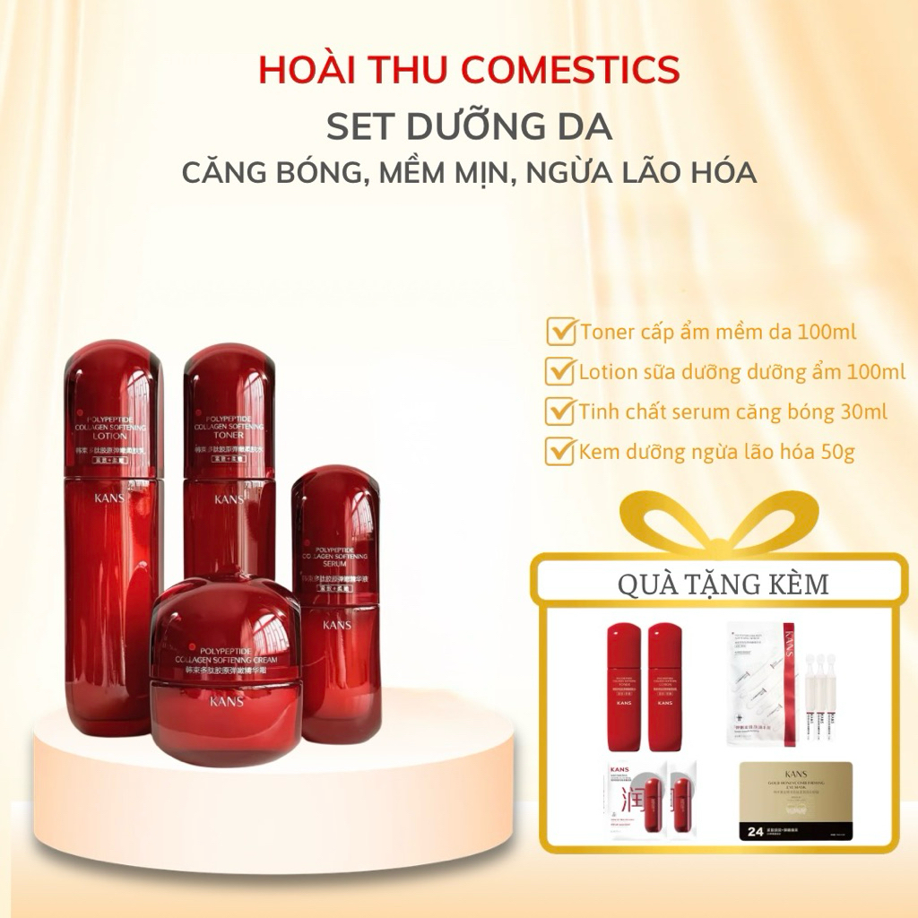 Set 4 Bước Dưỡng Bộ Mĩ Phẩm KANS Đỏ Collagen KHÔNG SỮA RỬA MẶT: Căng Bóng Mềm Mịn Da, Ngăn Ngừa Lão 