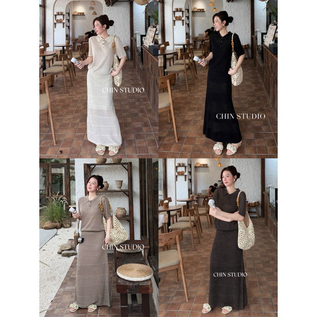 .𝙈𝙖̂𝙮𝙎𝙩𝙤𝙧𝙚-𝘽𝙮𝙃𝘼𝙉.Set len mon áo lỗ cổ bẻ 2 khuy dọc chân váy dài họa tiết tầng xòe nhẹ 8928 Chin TH QC