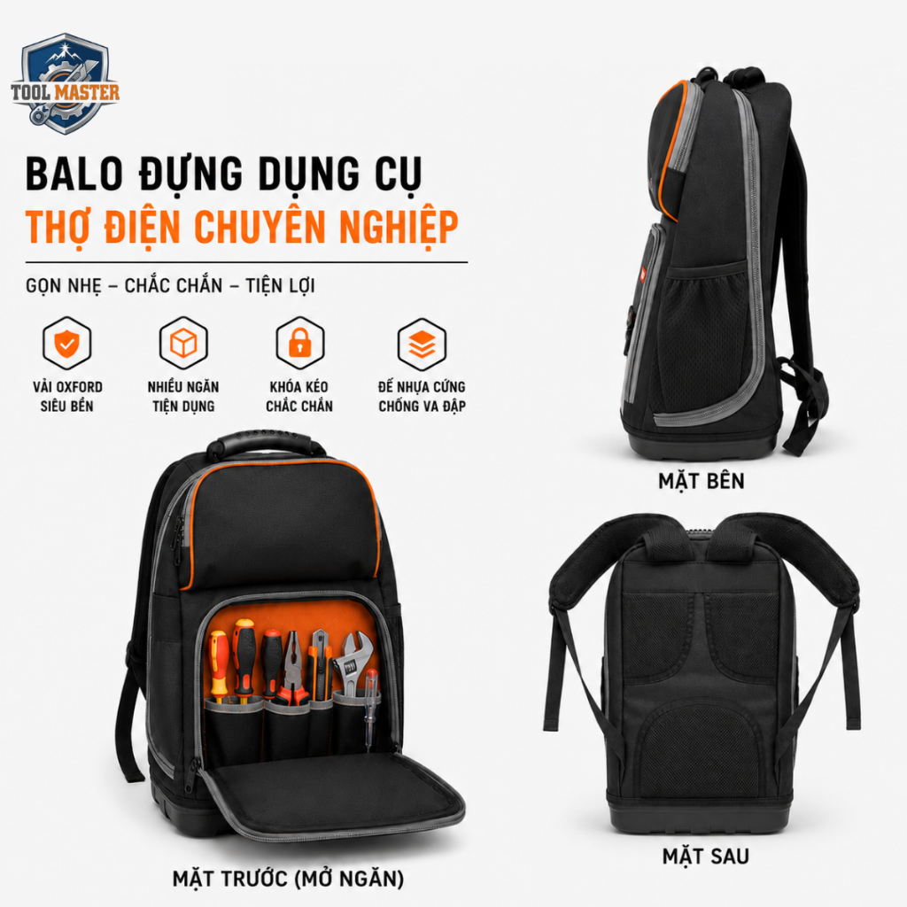 Balo Đựng Đồ Nghề Top Đồ Nghề Top Tool TDN-225 1680D Đế Nhựa Chống Nước Form Cứng Cho Thợ Điện Kỹ Th