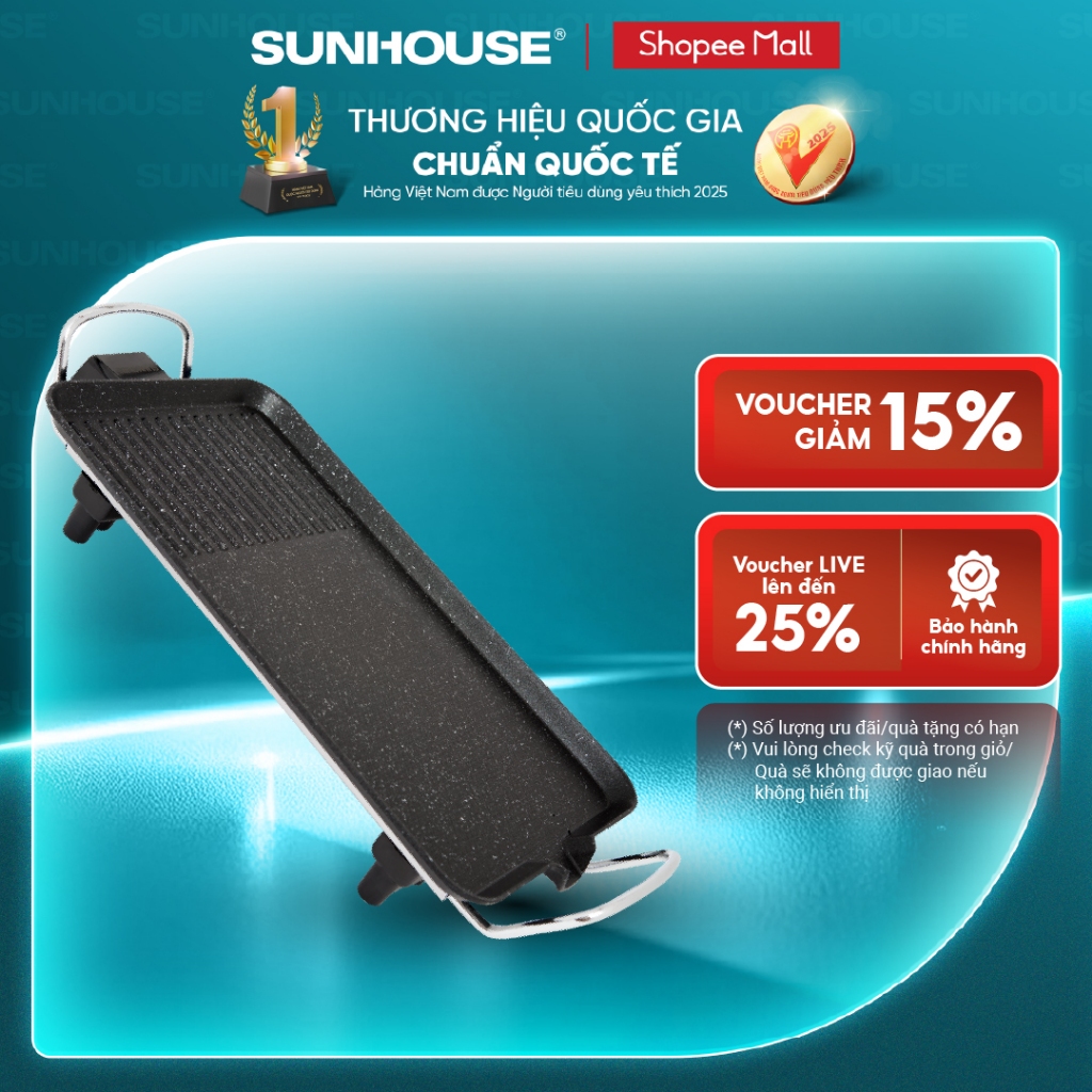 Bếp nướng điện Sunhouse SHD4607 - Công suất 1500W - Một miệng rót mỡ thừa tiện dụng - Phích cắm rời,