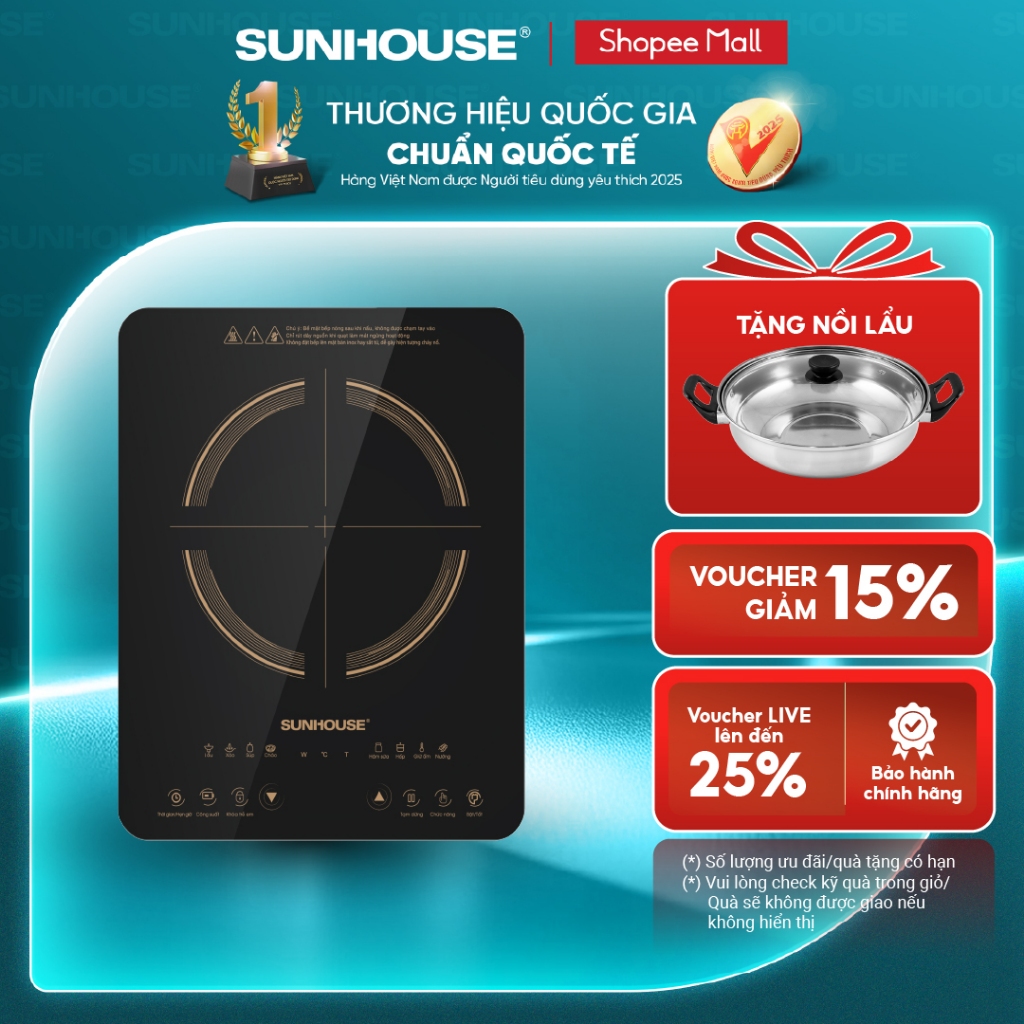 Bếp từ đơn Sunhouse SHD6803 - Công suất 2000W - Bảo hành 12 tháng - 8 chế độ nấu - Nút bấm điện tử