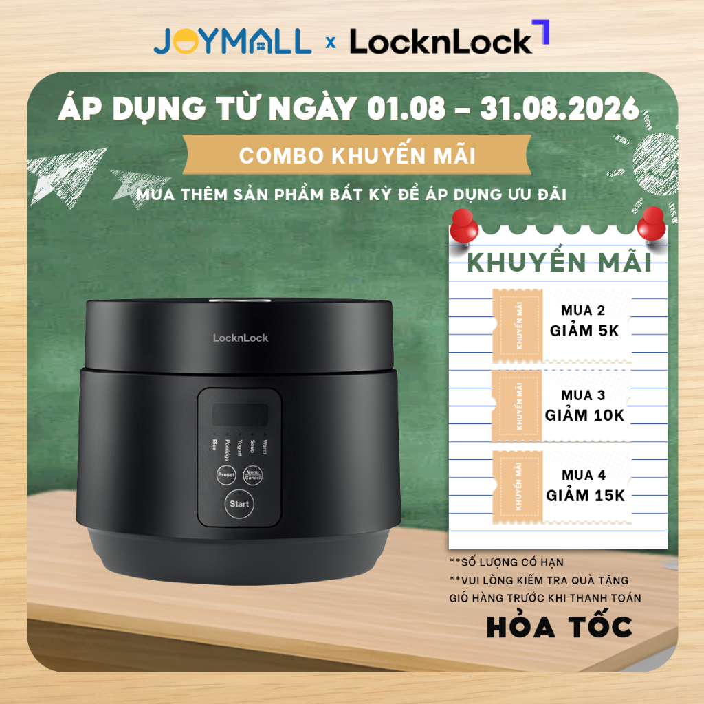 Nồi cơm điện tử LocknLock Rice Cooker EJR346BLK 1.2L, đen, Hàng chính hãng, nắp gài- JoyMall