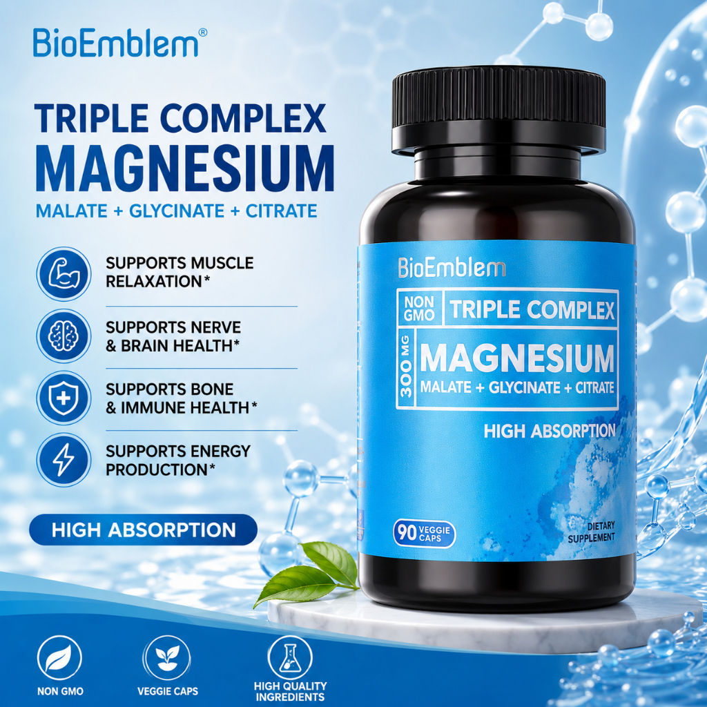 BioEmblem Triple Complex Magnesium 300mg 90 Viên Nang Chay - Magnesium Malate Glycinate Citrate Hấp 