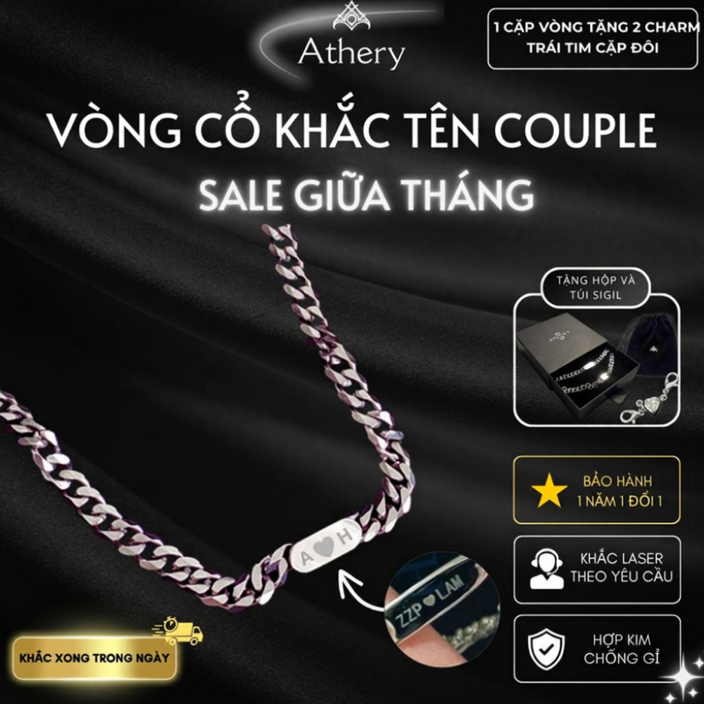 [Khắc tên + Tặng hộp] Vòng cổ Nam/Nữ Couple - Phụ kiện trang sức BST Athery Unisex Bền Bỉ Chống đen 