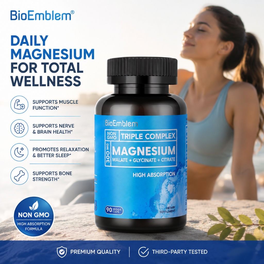 BioEmblem Triple Complex Magnesium 300mg 90 Viên Nang Chay - Magnesium Malate Glycinate Citrate Hấp 