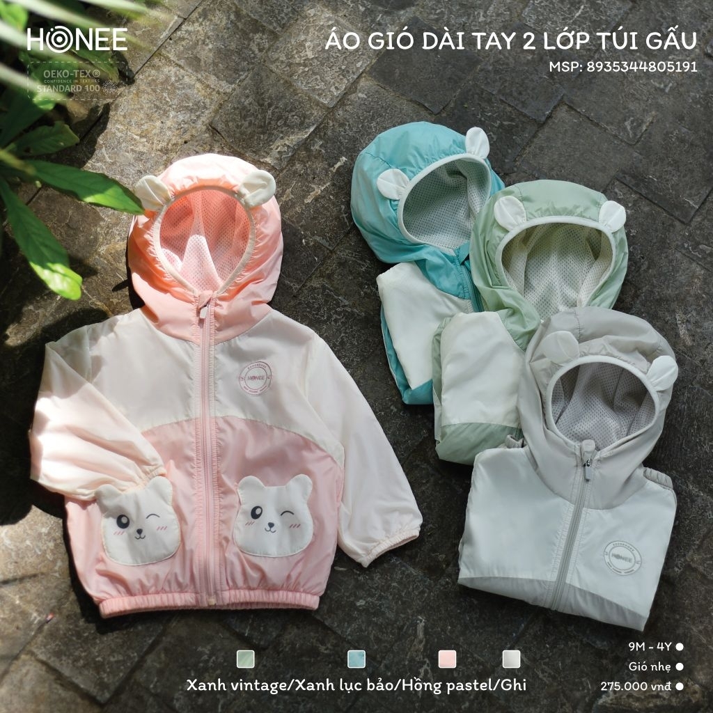 Áo khoác gió 2 lớp túi gấu Hrnee cho bé