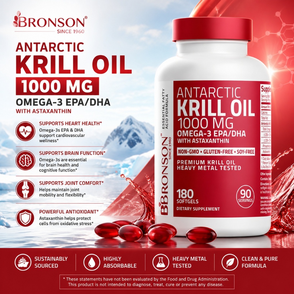 Dầu nhuyễn thể Bronson Antarctic Krill Oil Omega-3 EPA/DHA, 1000 mg 180viên, dầu cá hỗ trợ sức khỏe,