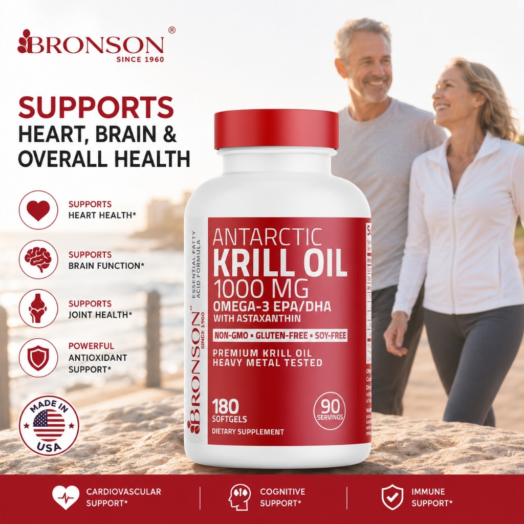 Dầu nhuyễn thể Bronson Antarctic Krill Oil Omega-3 EPA/DHA, 1000 mg 180viên, dầu cá hỗ trợ sức khỏe,