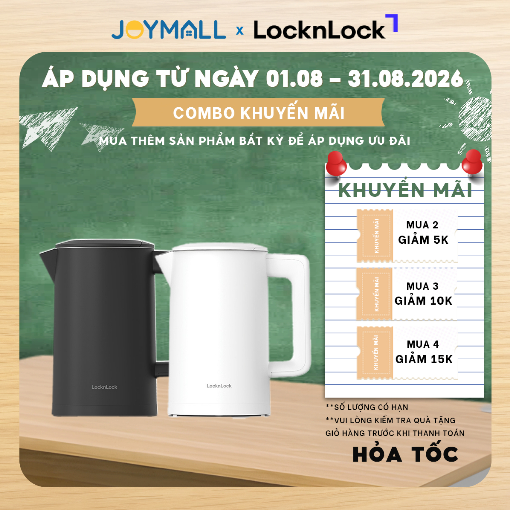 Ấm Đun Siêu Tốc LocknLock Electric Kettle 1.7L EJK226 2200W, Hiện Nhiệt Độ, Giữ Ấm - JoyMall