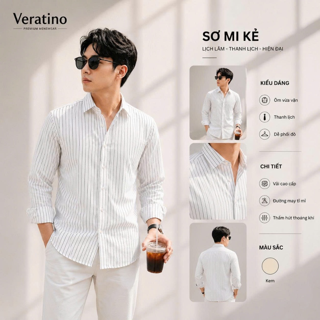 Áo sơ mi nam hoạ tiết kẻ sọc nhỏ VERATINO chất liệu dày dặn cao cấp