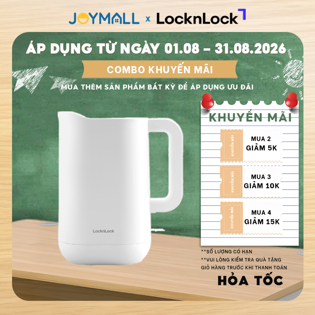 Ấm Đun Siêu Tốc Giảm Âm LocknLock Silent Electric Kettle EJK216WHT 1.2L , Hàng Chính Hãng - JoyMall