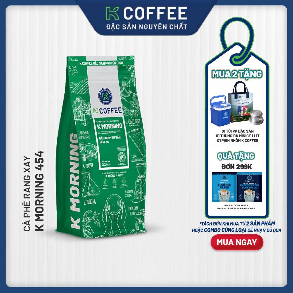 Cà phê Rang xay Đặc sản Nguyên chất Pha phin K Coffee K Morning Combo 2 Gói 454g (cà phê phin, đen đ
