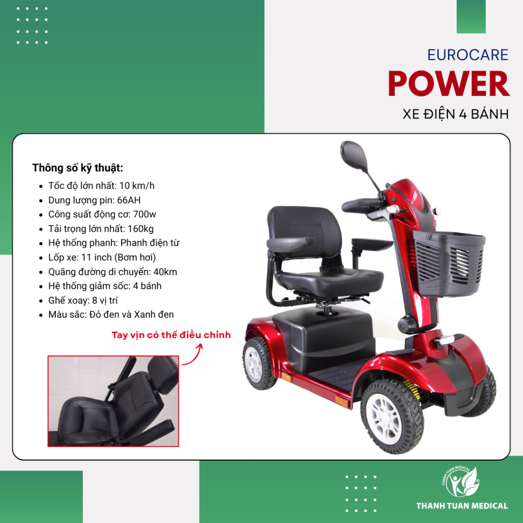 [NEW 2026] Xe điện 4 bánh Eurocare Power - Dễ di chuyển cho người cao tuổi, mỗi lần sạc đi được 40km