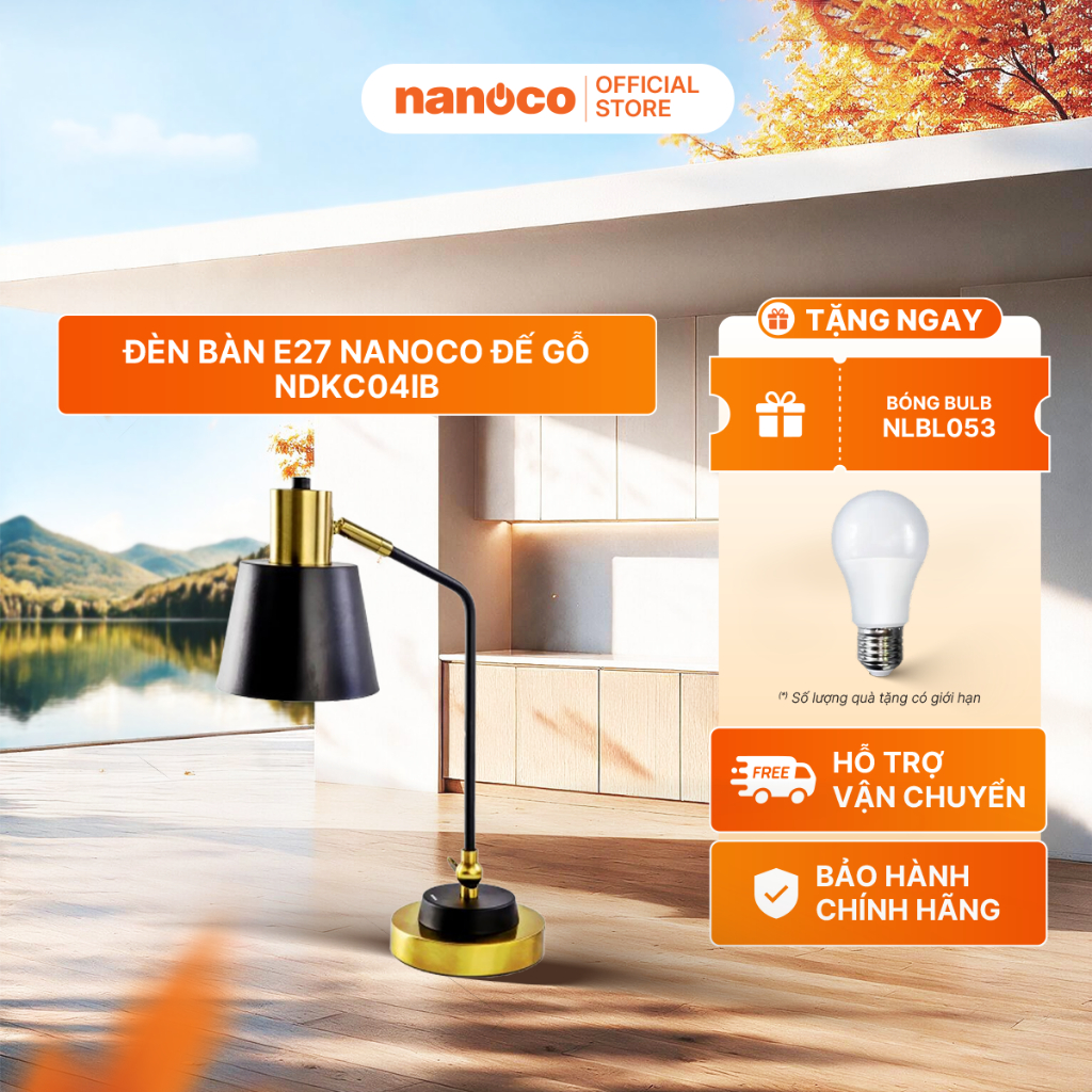 Đèn bàn E27 cổ điển sang trọng Nanoco model NDKC04IB (không bóng) + tặng kèm 1 bóng Led bulb đui E27