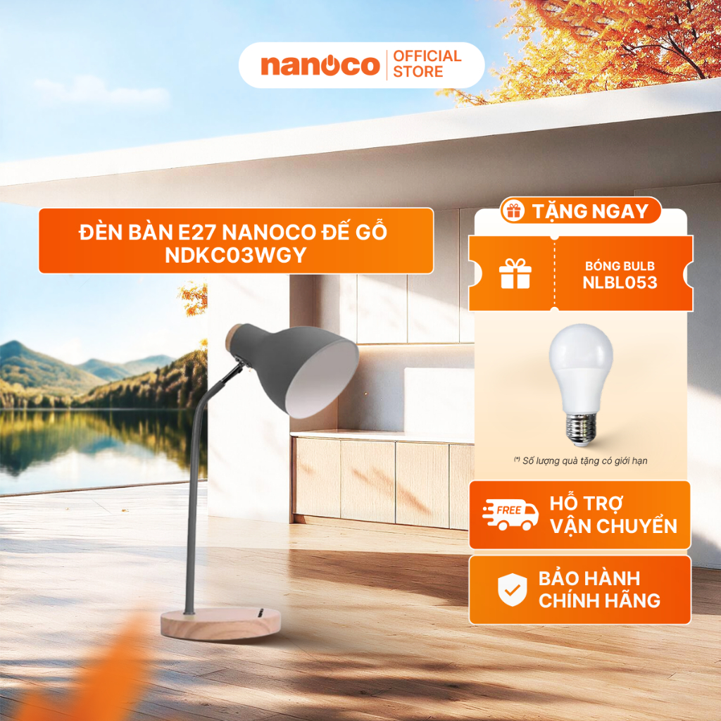 Đèn bàn E27 Nanoco đế gỗ model NDKC03 (không bóng) + tặng kèm 1 bóng Led bulb đui E27- 5W