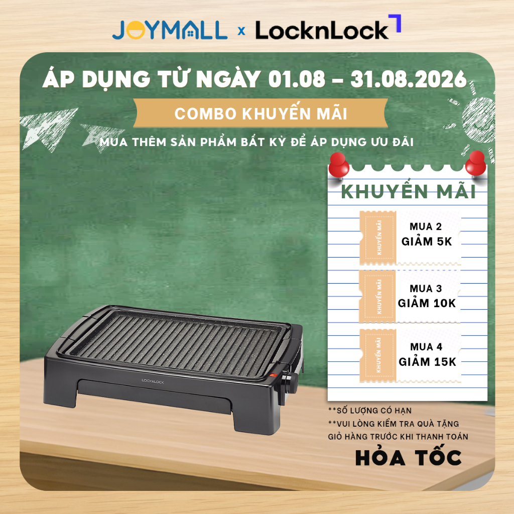 Bếp nướng điện LocknLock EJG221 1300W -Hàng chính hãng, mặt bếp chống dính, 5 mức nhiệt - JoyMall