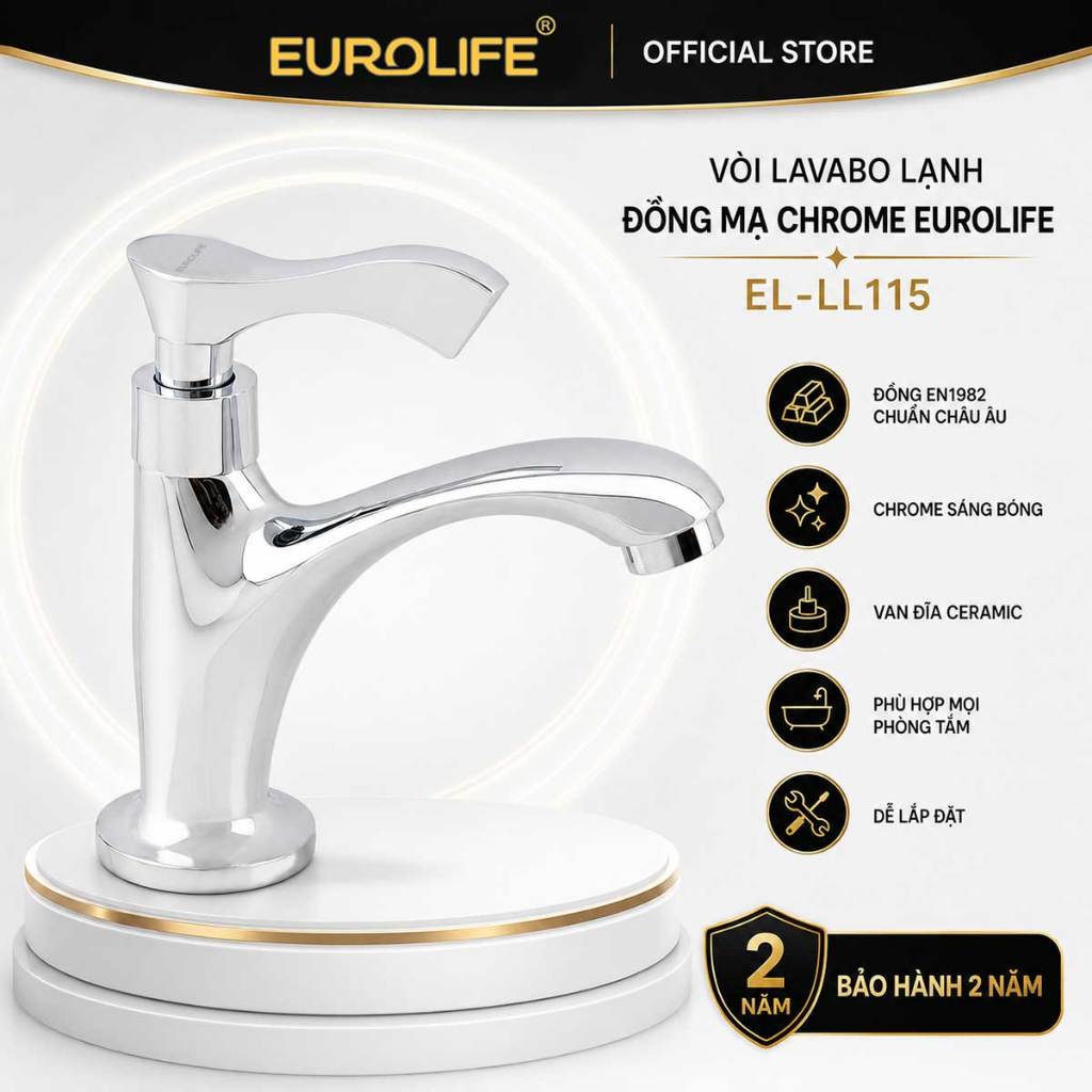 Vòi Lavabo Lạnh Eurolife EL-LL115 - Đồng Mạ Chrome, Chậu Rửa Mặt 1 Đường Nước