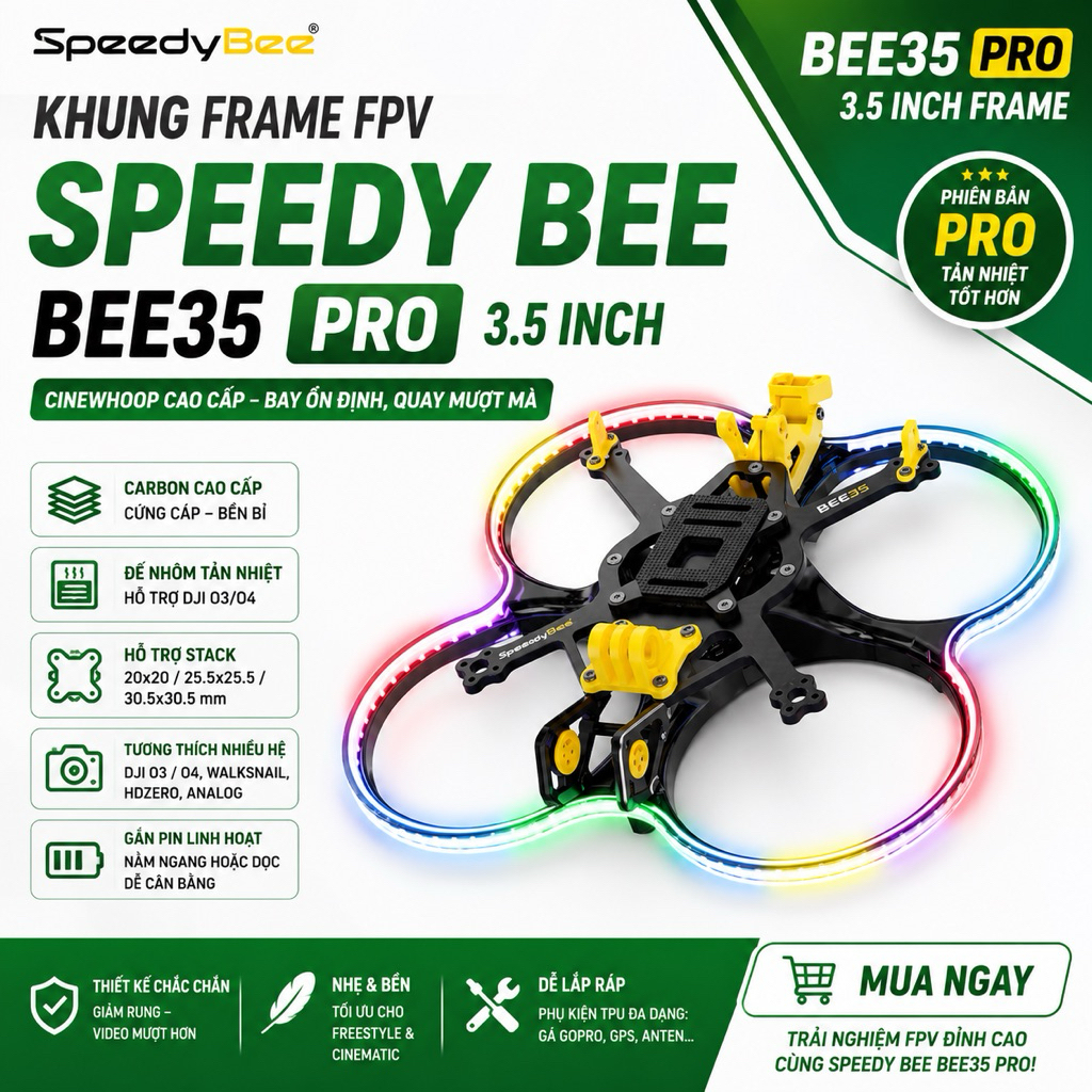 🚁 Khung Frame FPV SpeedyBee Bee35 Pro 3.5 Inch – Siêu Cứng, Tản Nhiệt Tốt, Hỗ Trợ DJI O3/O4