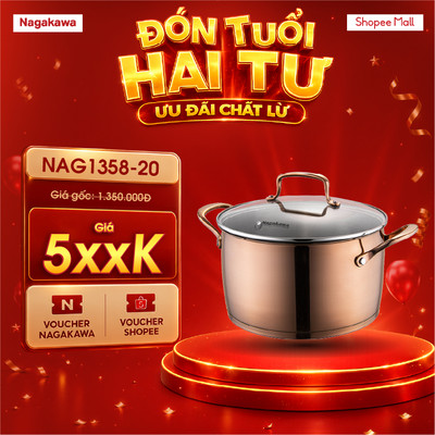Nồi inox 304 chính hãng 20cm đa đáy Nagakawa NAG1358-20, dùng cho mọi loại bếp, bảo hành chính hãng 12 tháng