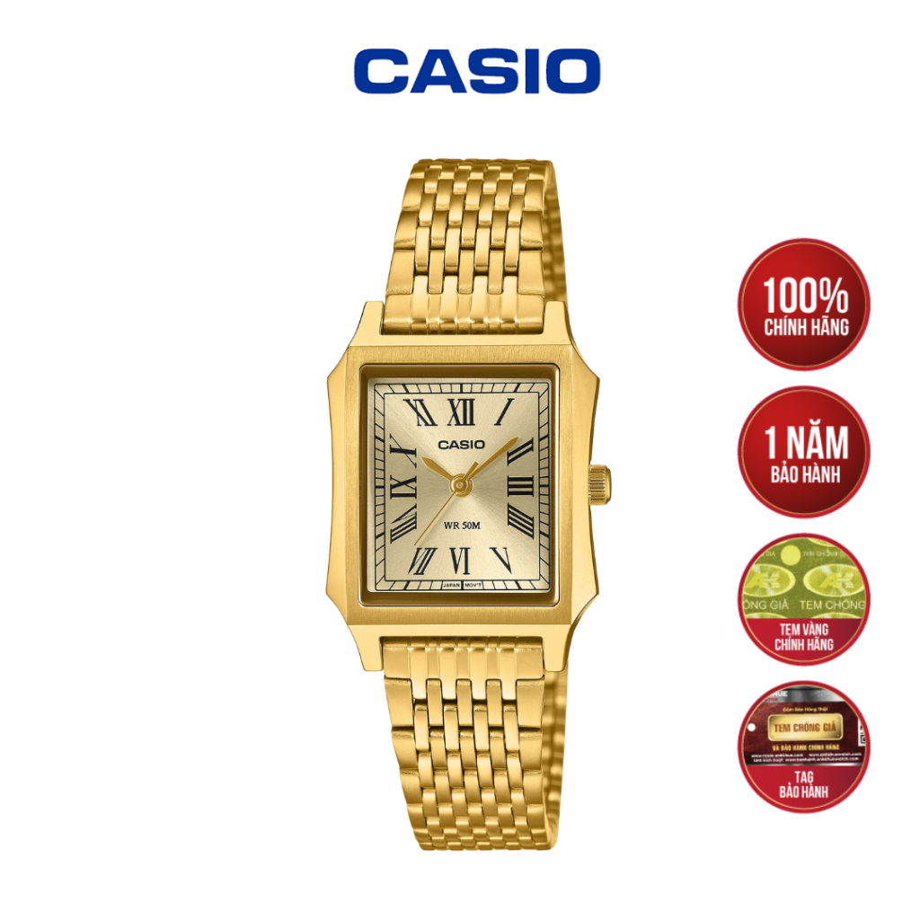 [MÃ LTP-B190G-9BVDF] Đồng Hồ Nữ Casio – Dáng Vuông Mạ Vàng Toàn Thân, Cọc Số La Mã Sang Trọng