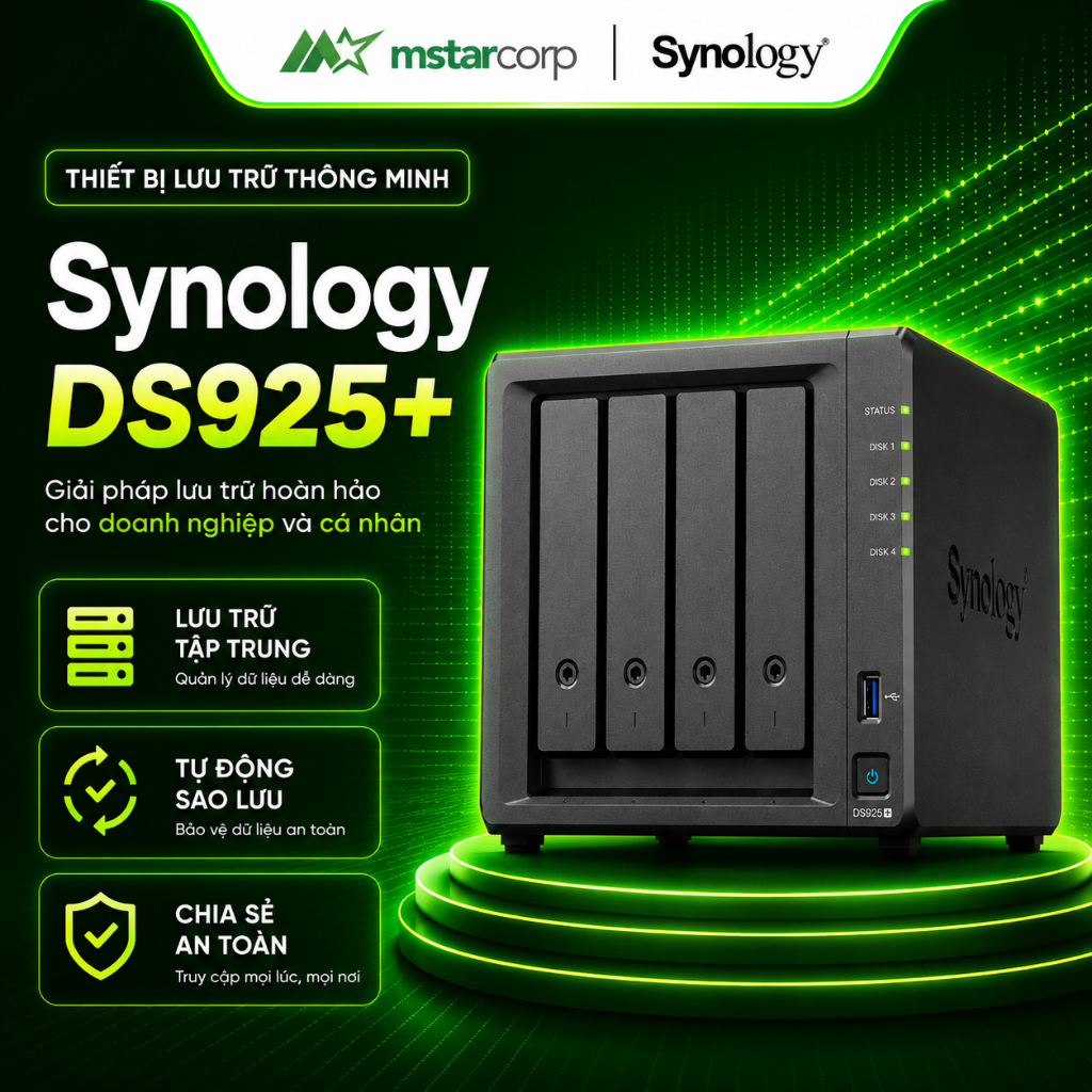 Thiết bị lưu trữ Synology model: DS925+ - Hộp ổ cứng gắn ngoài kết nối LAN/USB3.2 Gen 1.