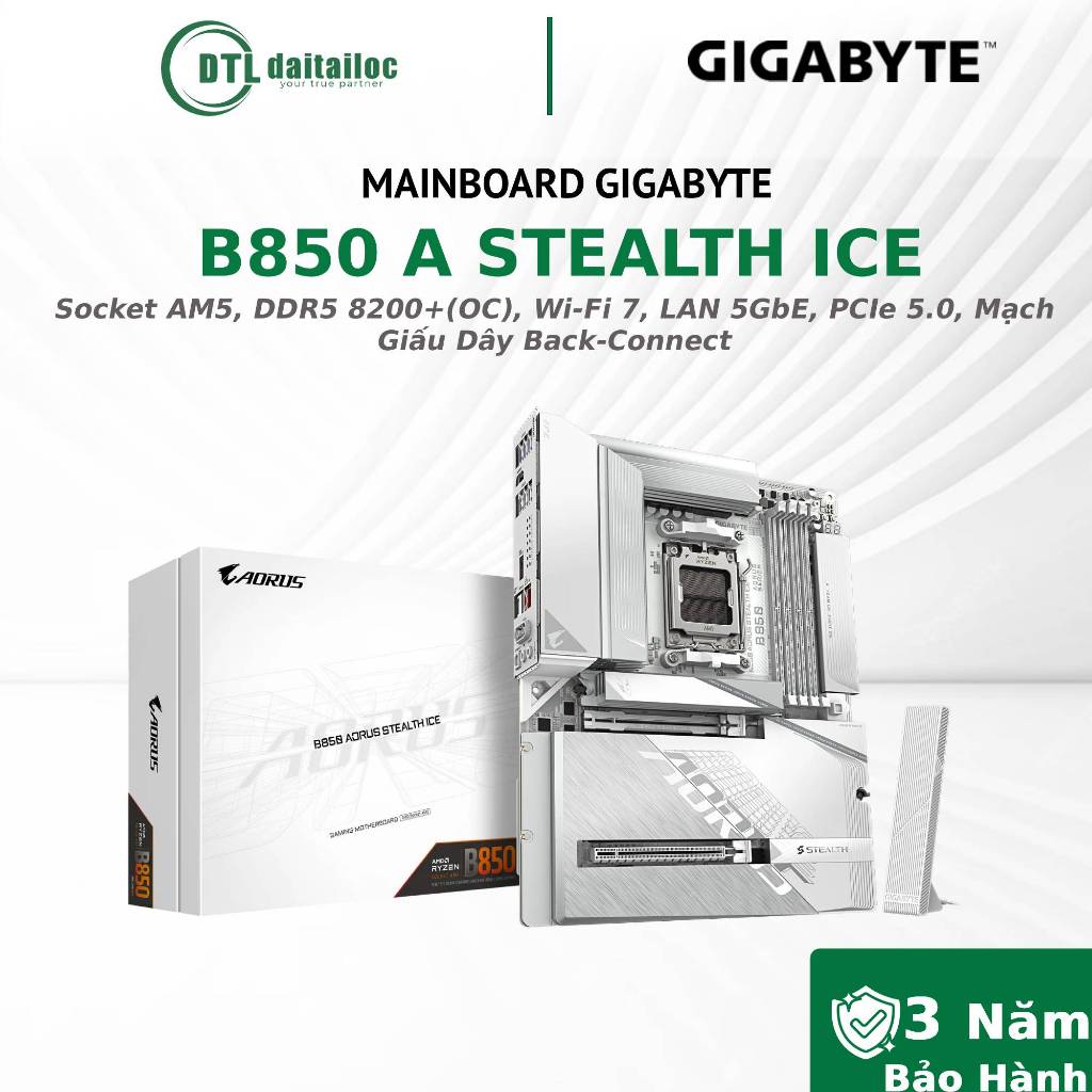 Mainboard GIGABYTE B850 A STEALTH ICE - Socket AM5, DDR5 256GB Wi-Fi 7 & LAN 5GbE,  ATX / Chính Hãng