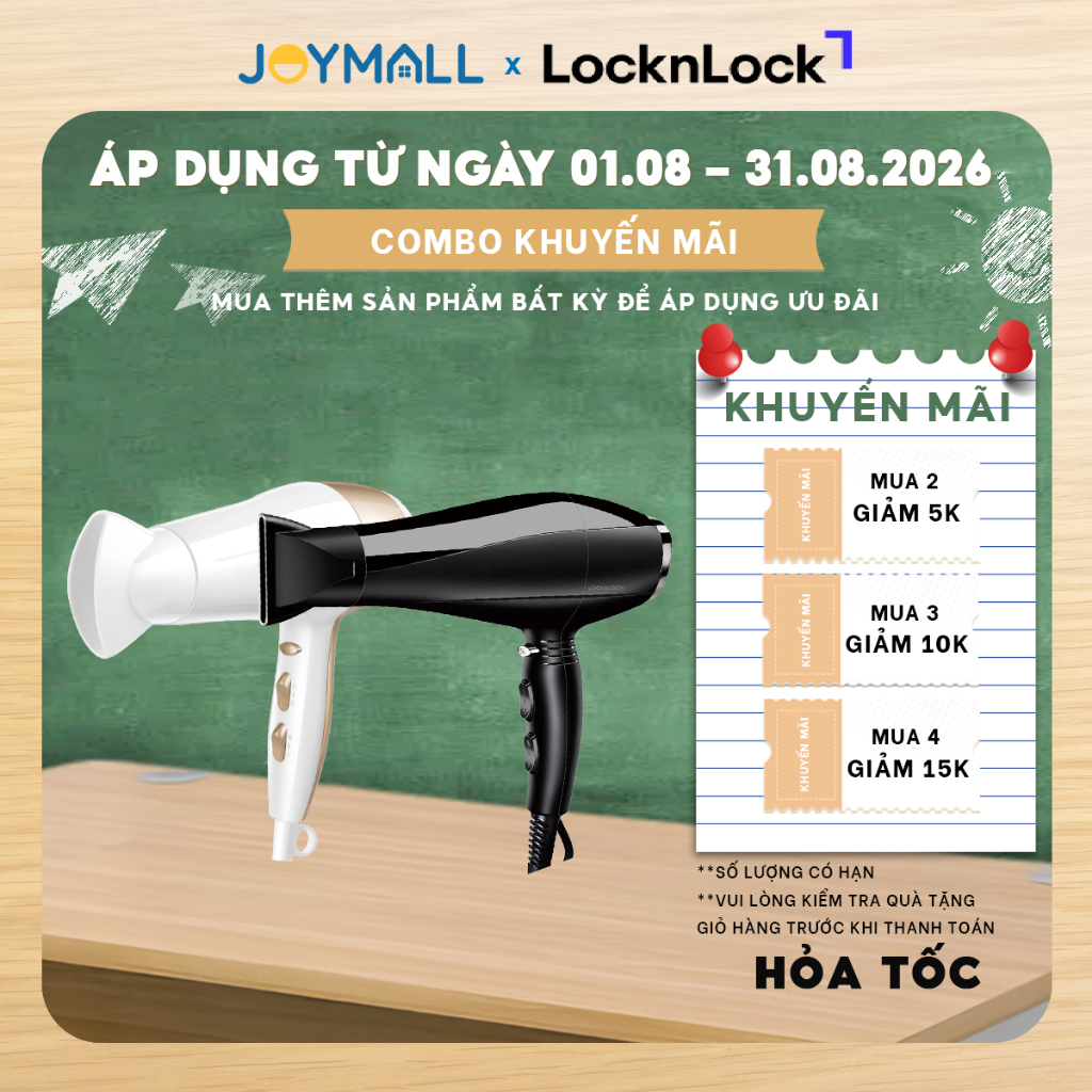 Máy Sấy Tóc LocknLock ENA146BLK - Đen, 2000-2300W, Kèm Đầu Dẹp Tạo Kiểu