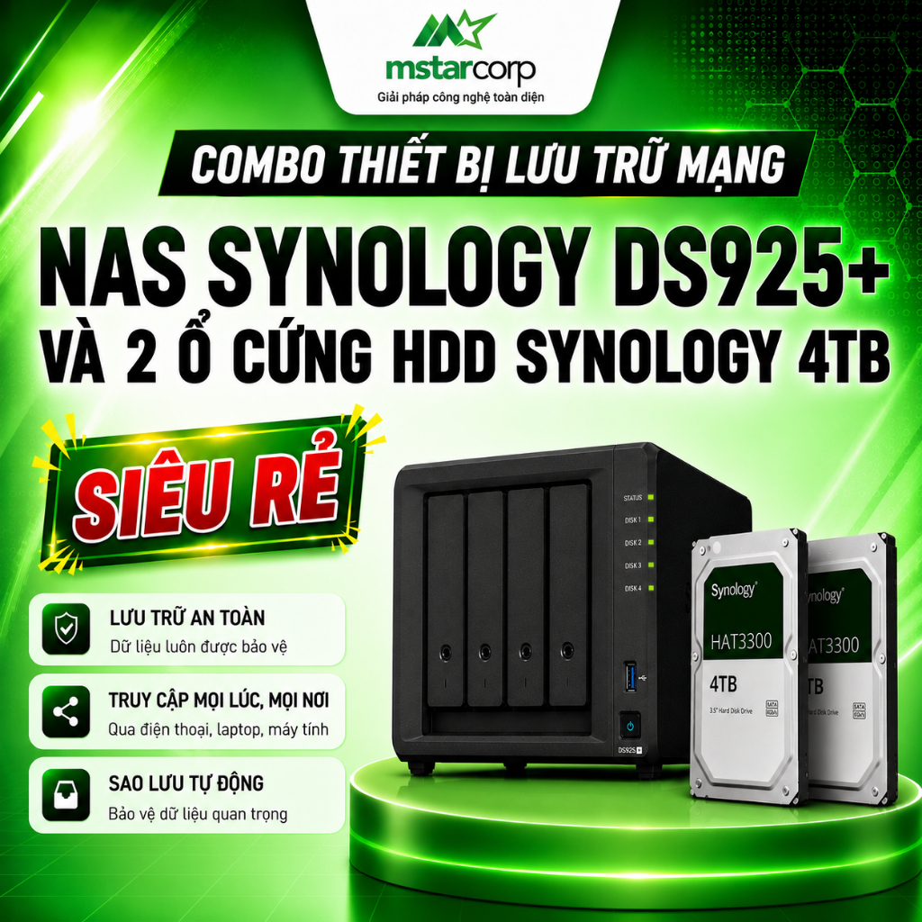 Combo thiết bị lưu trữ mạng NAS Synology DS925+ và 2 Ổ cứng Synology HAT3300 4TB - Mstar Corp