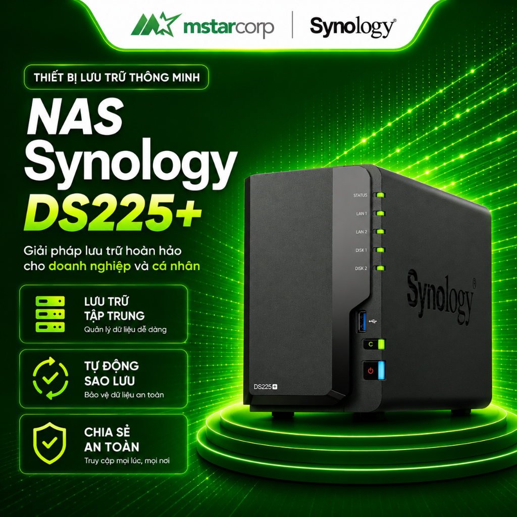 NAS Synology DS225+ Chính Hãng | Thiết Bị Lưu Trữ Mạng 2 Bay | Backup, Cloud Riêng.