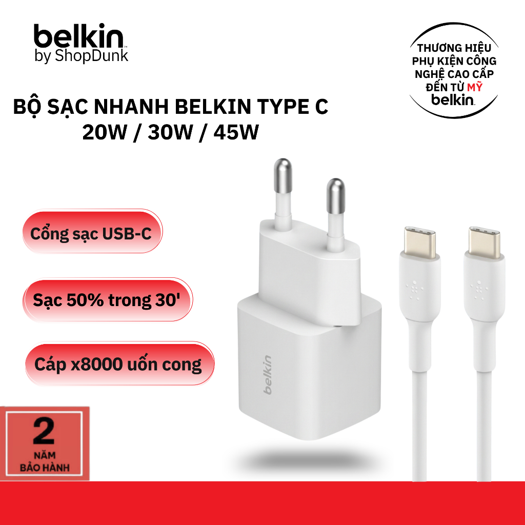 Bộ sạc nhanh Type C Belkin PD 20W/30W/45W kèm dây sạc 2m màu trắng chính hãng