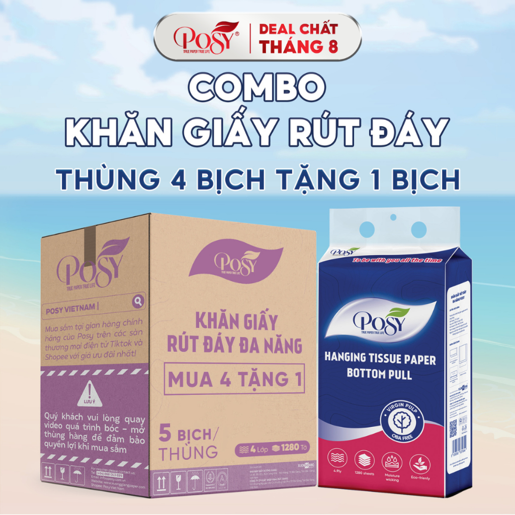 COMBO THÙNG 5 BỊCH GIẤY RÚT ĐÁY POSY ĐA NĂNG 1280 TỜ 4 LỚP MỀM MỊN TIỆN LỢI CHO MỌI NHÀ