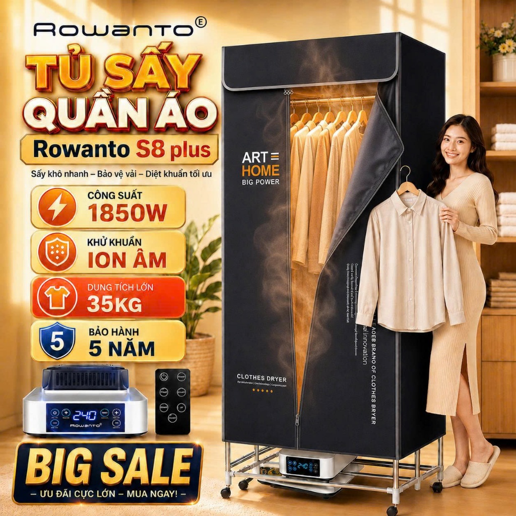 Máy Sấy Quần Áo Rowanto Chính Hãng, Tủ Sấy Quần Áo Kiêm Máy Sưởi Ấm Có Tia UV, Ion Âm Khử Khuẩn