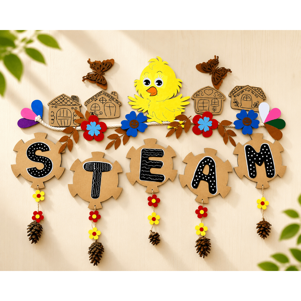 Góc trang trí chữ steam đen hình gà vàng trang trí lớp học cho bé