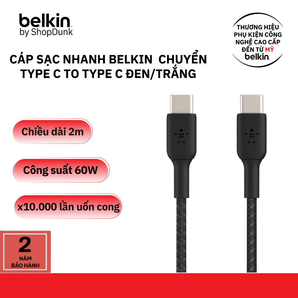 Cáp sạc nhanh Belkin chuyển type-c sang type-c vỏ dù công suất 30W / 60W - Hàng chính hãng