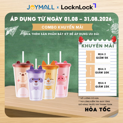 Ly nhựa 2 lớp LocknLock Double Wall HAP511 HAP512 520ml, Hàng chính hãng, họa tiết dễ thương, kèm ống hút - JoyMall