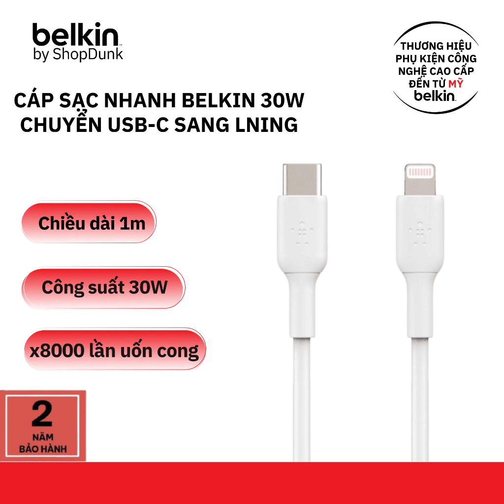 Cáp sạc nhanh Belkin 30W chuyển Type C sang LN màu trắng chính hãng