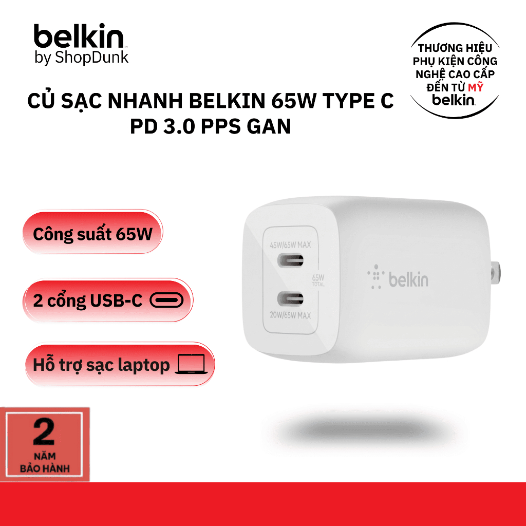Củ sạc nhanh chính hãng Belkin 2 cổng type-c trắng công suất 65W