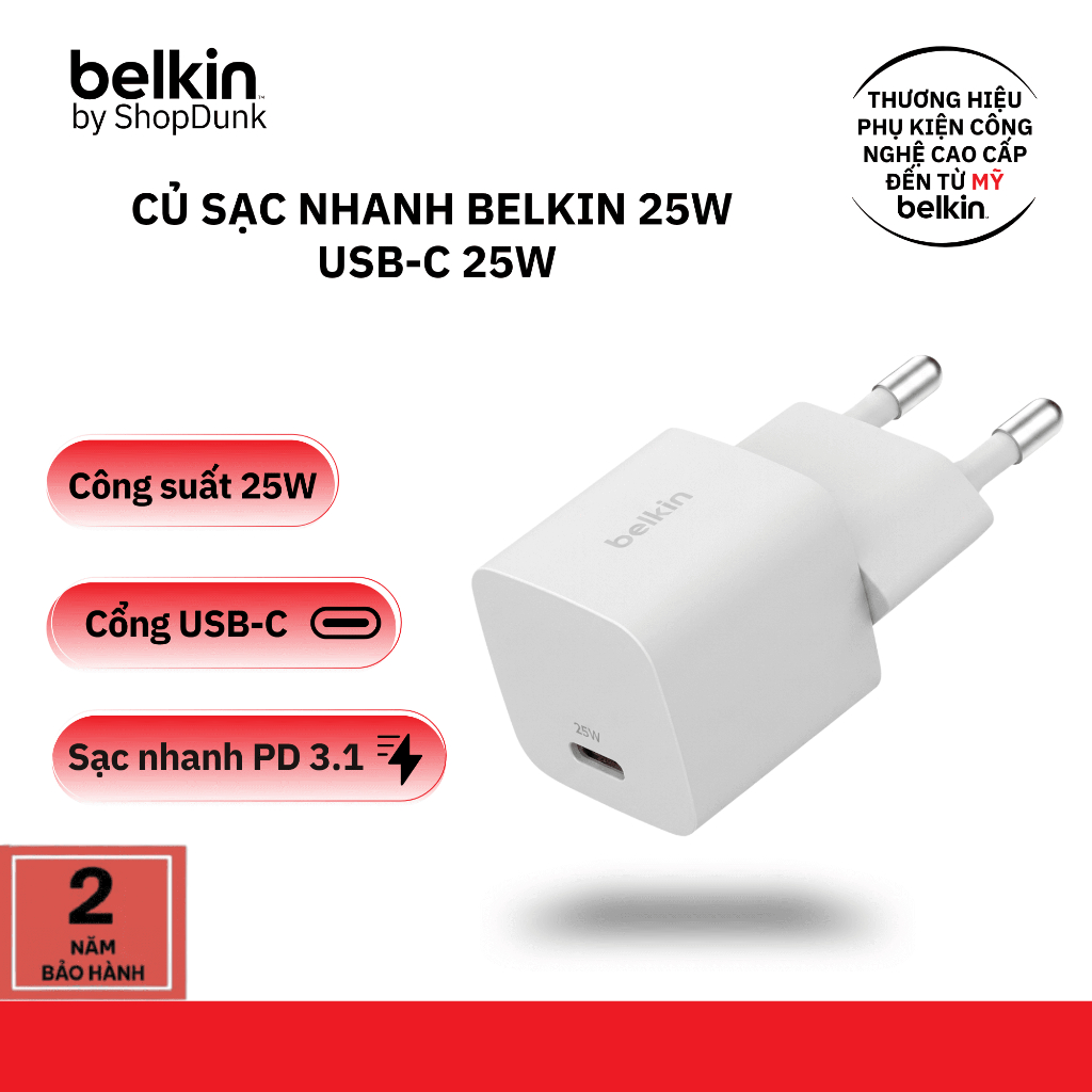 Củ sạc nhanh Belkin công suất 25W USB-C chuẩn PD 3.1 - Trắng