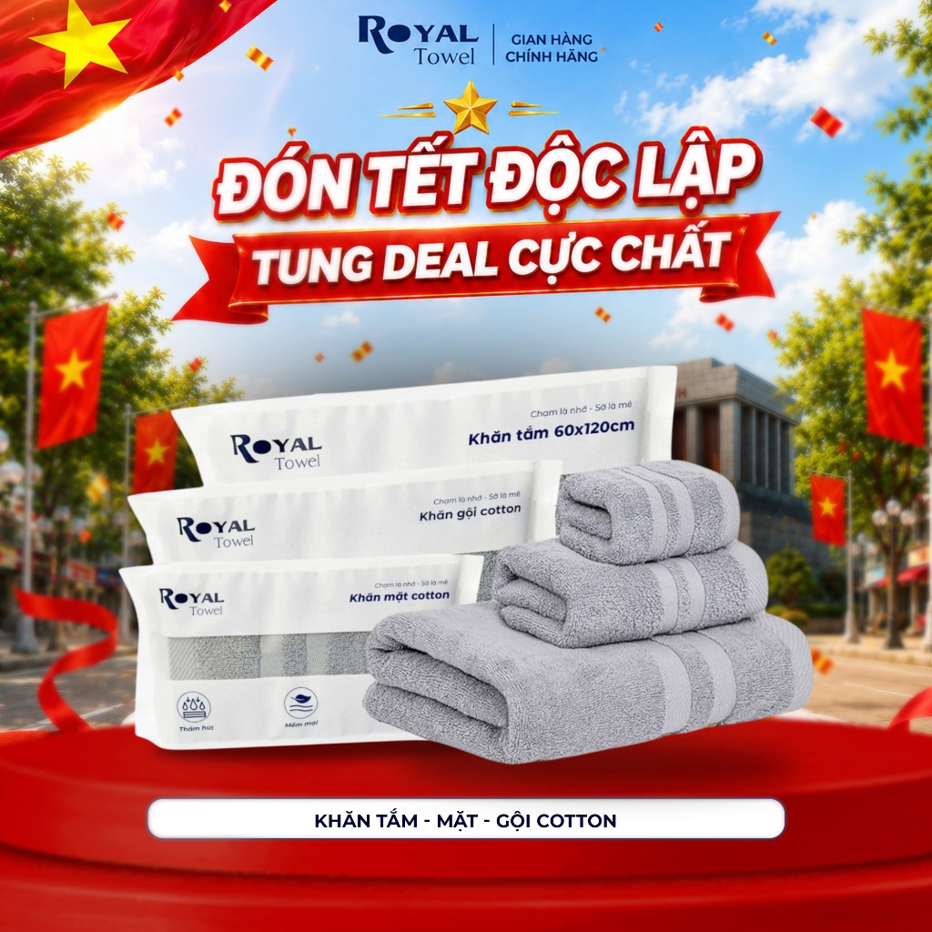 Khăn Tắm, Khăn Gội, Khăn Mặt Royal Towel Sợi Cotton Mềm Mịn, Thấm Hút Tốt, Không Xổ Lông, Không Phai Màu