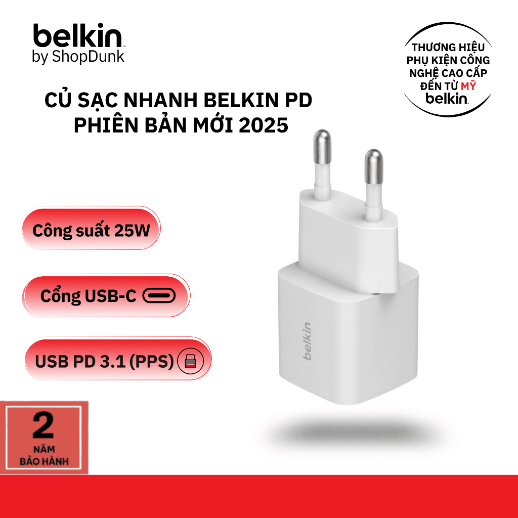 Củ sạc nhanh Belkin PD 25W 1 cổng Type-C cho iPhone - Chính hãng