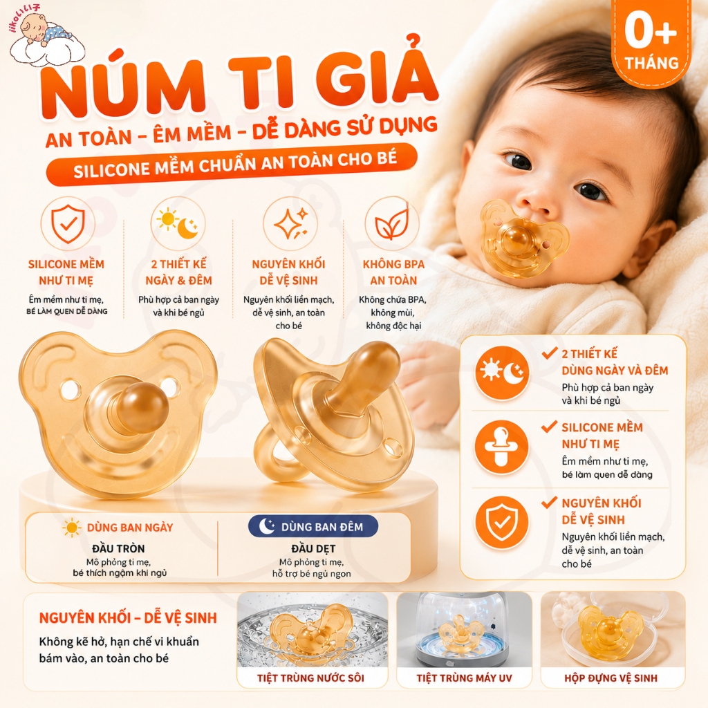 Núm Ti Giả Cho Trẻ Sơ Sinh iiko - Silicone An Toàn, Dễ Vệ Sinh, BPA Free, Tặng…