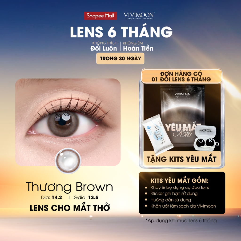 Kính áp tròng VIVIMOON màu nâu THƯƠNG BROWN, lens cận cho mắt thở, hạn sử dụng 6 tháng độ cận 0-8