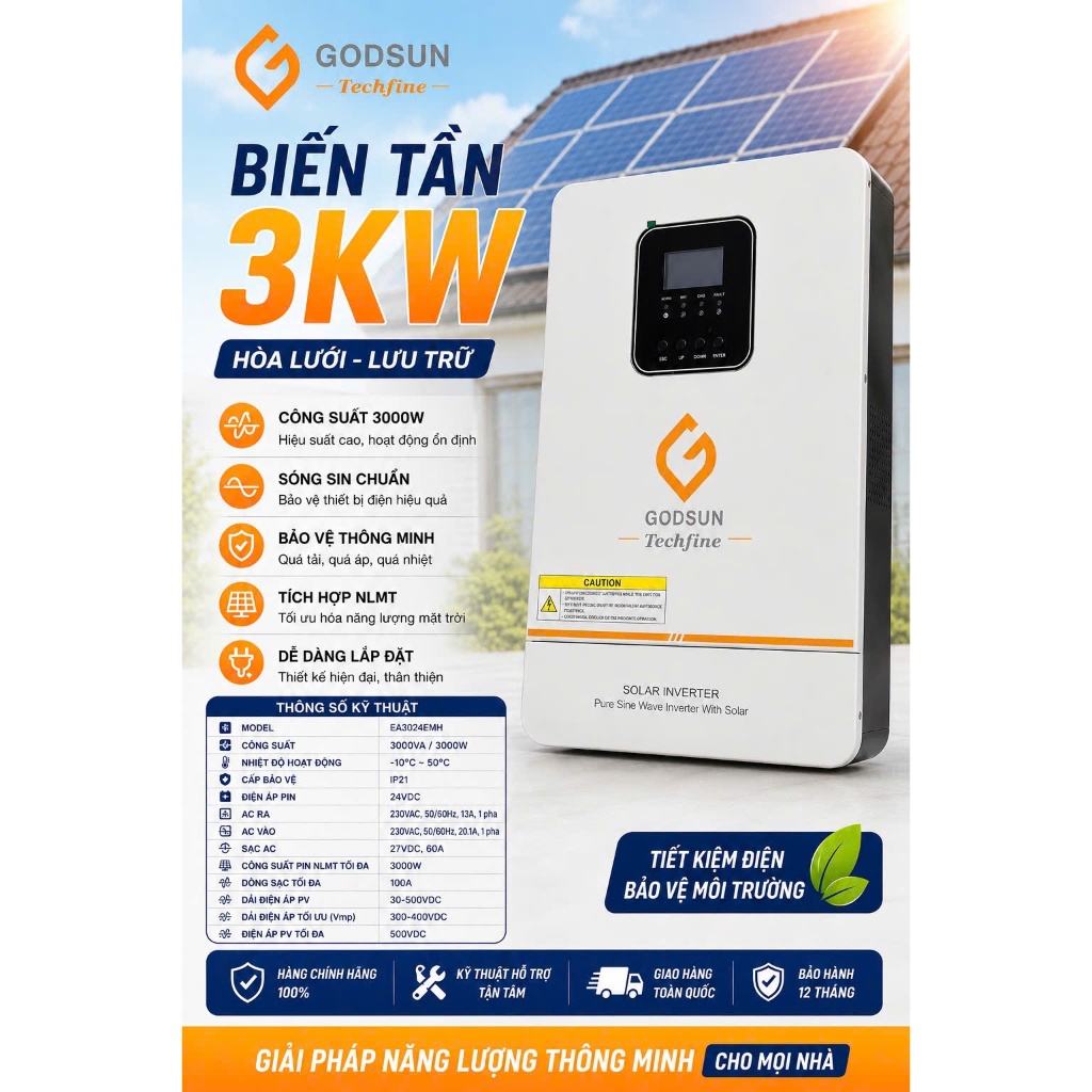 Biến Tần, Inverter năng lượng mặt trời Techfine EA3024EMH – 3000W – Sin chuẩn – 24V – MPPT 100A