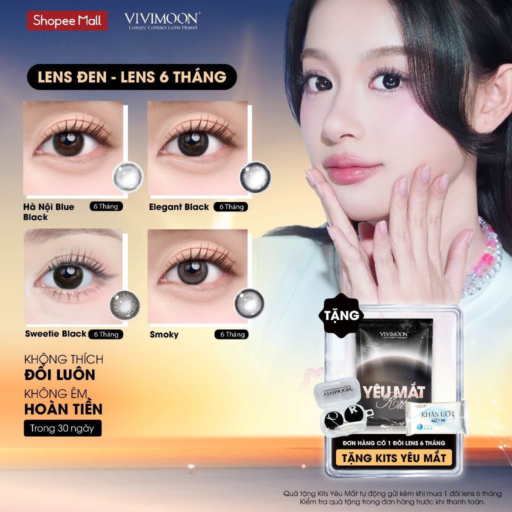 Lens 6 tháng VIVIMOON kính áp tròng cho mắt thở màu đen, độ cận từ 0 đến 8 (Giá 1 chiếc - 1 bên mắt)