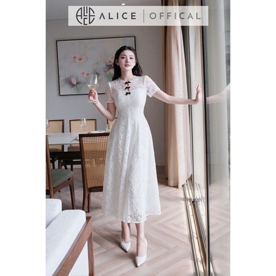 Váy Ren Tuyết Maxi Cao Cấp Alice, Đầm Dài Chiết Eo Đính Nơ Cổ Tiểu Thư Phù Hợp Đi Tiệc T611
