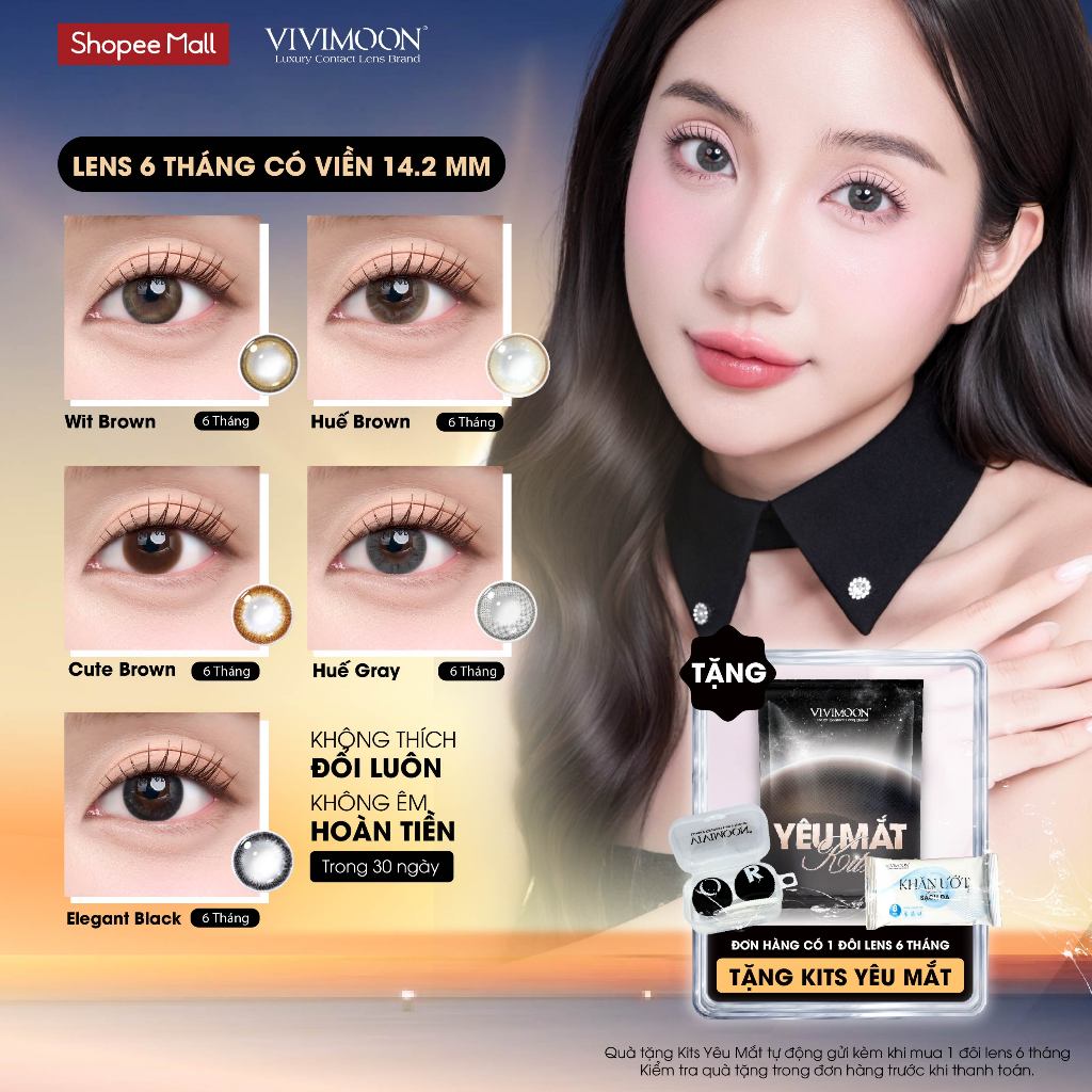 Lens 6 tháng VIVIMOON kính áp tròng cho mắt thở 14.2mm có viền, độ cận từ 0 đến 8 ( Giá 1 chiếc - 1 