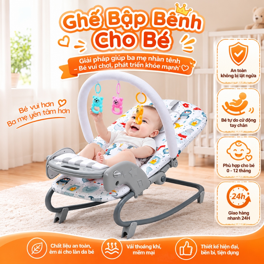 iiko Ghế Nhún Nhạc Cho Bé - Khung Thép Carbon, Vải Mềm Thoáng Khí, Nhiều Mức…